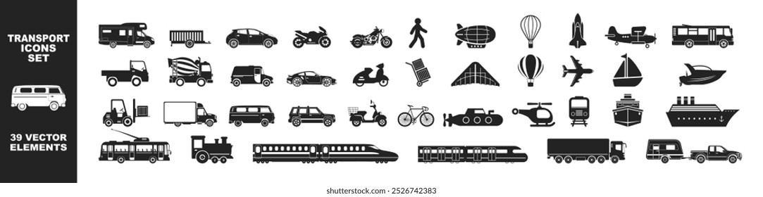 Vários conjuntos de ícones do veículo. Ícones de motocicleta e bicicleta, carro, caminhão pesado, navio, dirigível, avião, trem, helicóptero, empilhadeira, motorhome