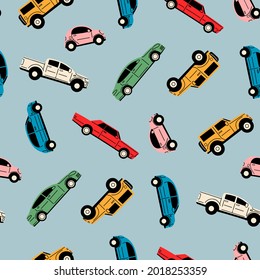 Various vehicles. Different types of cars: sedan, SUV, pickup, coupe, hatchback, retro car. Automobile, motor transport concept. Hand drawn trendy Vector seamless Pattern, background, wallpaper