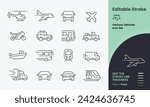 Various Vehicles Icon collection containing 16 editable stroke icons. Perfect for logos, stats and infographics. Edit the thickness of the line in any vector capable app.