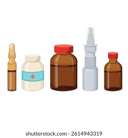 various vials for medicines - plastic jar, nasal spray, brown glass jars, injection ampoule. Vector illustration