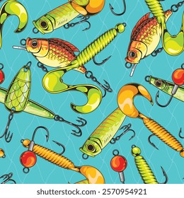 Various vibrant fishing lures are scattered against a blue background. The lures display a range of colors and designs showcasing their shapes and hooks in a playful arrangement.