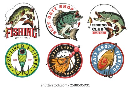 Various vibrant and imaginative logos of fishing shops are displayed. Each logo features fish fishing gear and creative text. The designs emphasize fun and passion for fishing.