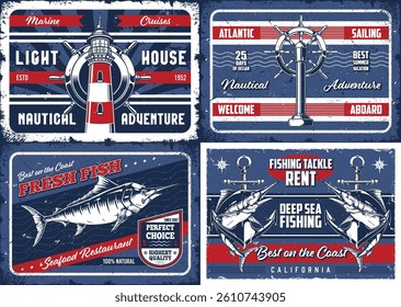 Various vibrant posters promote coastal activities including fishing sailing and seafood dining. The designs feature lighthouses fish and maritime symbols inspired by coastal themes.
