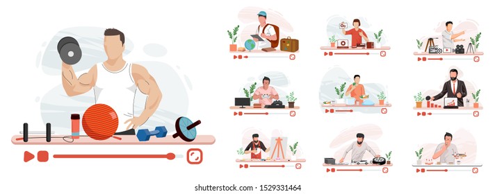 Various video blogger make review, People on screen. A blog about travel education, business, food and games and sports. Modern design linear art flat illustration - Vector