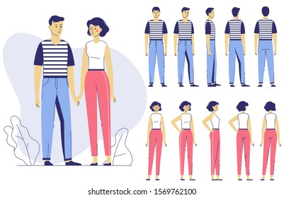 Various views of male and female characters set. Front, side, back view of young man and woman. Flat vector illustration in line art style isolated on white background.