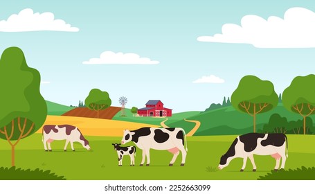 Various village farm animals. Domesticated cattle graze in a field on a farm background. Vector illustration