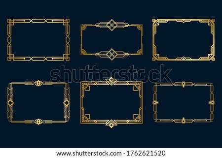 Various vintage golden frames set. Art deco decorative borders and antique filigree geometric design elements isolated vector illustration collection. Decoration and ornaments concept