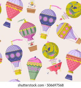 Various vintage hot air balloons. Seamless background pattern. Vector illustration.