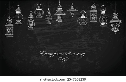 Various vintage lanterns hanging on blackboard background. Vector illustration with place for your text