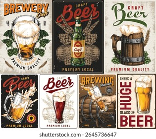 Various vintage-style posters display craft beer and brewing themes. Each design highlights unique beer styles emphasizing quality and local brewing traditions throughout the years.