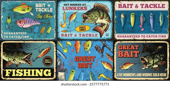 Various vintage-style signs promoting bait and tackle shop items are arranged. Each sign highlights fishing lures promises to catch fish and features illustrations of fish and bait.