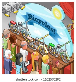 Various visitors looking at bicycles presented on a stage during an event, vector cartoon in isometric view