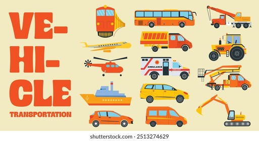 Various visual vectors for public transportation vehicles, heavy equipment vehicles, private vehicles.