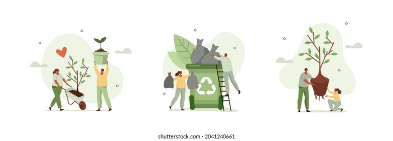 Various volunteering scenes  Characters collecting waste in recycle garbage bin   planting trees  Environmental care   volunteerism concept  Flat cartoon vector illustration   icons set 
