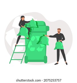 Various volunteering scenes. Characters collecting waste in recycle garbage bin and planting trees. Environmental care and volunteerism concept. Flat cartoon vector illustration and icon.