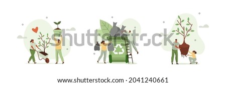 Various volunteering scenes. Characters collecting waste in recycle garbage bin and planting trees. Environmental care and volunteerism concept. Flat cartoon vector illustration and icons set.
