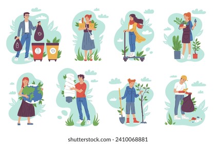 Varias escenas de voluntariado. Atención ambiental, Salvar la naturaleza, cero imágenes vectoriales de residuos. Personajes amigables de la OCE que recogen desechos en papelera de reciclaje y plantan árboles, ahorrando energía