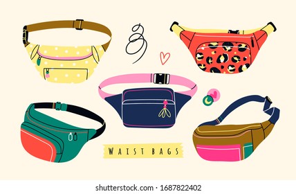 Various Waist bags. Colorful banana shaped belt bag. Hand drawn trendy Vector illustration. Fancy retro fashion accessory. All elements are isloated