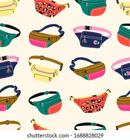 Various Waist bags. Colorful banana shaped belt bag. Hand drawn trendy Vector illustration. Fancy retro fashion accessory. Seamless pattern. Background texture. Wallpaper