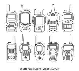 Various Walkie talkie icons set, outline set of walkie talkie doodle, Electronic speak devices for electronic communication, Security Guard, police radio security, illustration of an old mobile phone.