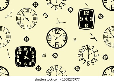 Various wall clocks and gears - seamless pattern