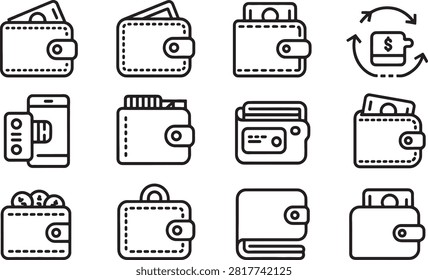 Various wallet icons with different contents and designs isolated on transparent background