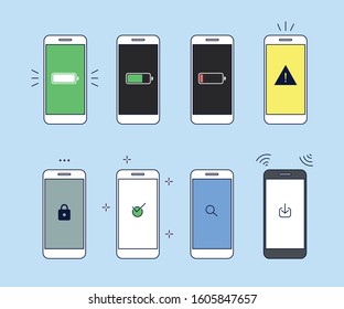 Various warning messages on the smartphone screen display. hand drawn style vector design illustrations. 