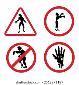 Various warning signs display silhouettes of zombies and skeletons, indicating dangers associated with undead creatures in an urban setting, meant to caution the public.