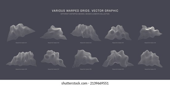 Various Warped Grids Vector Abstract Graphic Design Elements Isolated On Grey Background. Different Distorted Meshes Collection. Assorted Wireframe Wavy Topographic Relief Maps In Different Variations