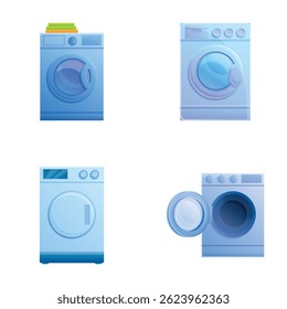 Vários ícones do lavador definem o vetor do desenho animado. Máquina eletrônica de lavar ou secar roupa. Equipamento moderno para lavandaria