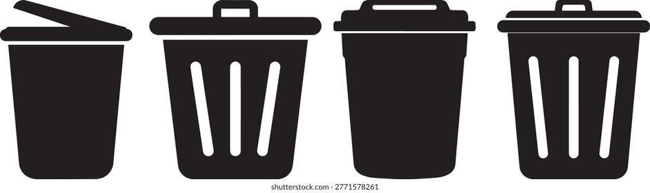 Various waste receptacles, garbage cans, bins, recycling containers collection.