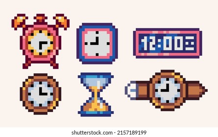 Various watches pixel art set. Electronic, hourglass, wristwatch collection. 8 bit sprite. Game development, mobile app.  Isolated vector illustration.