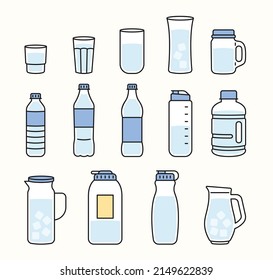 Various water bottles and cups for holding water. flat design style vector illustration.