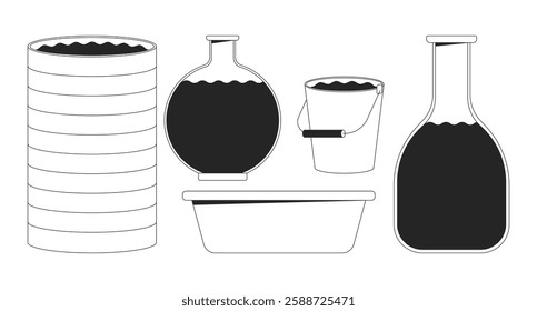 Various water containers black and white 2D line objects set. Barrel, bucket, basin, flasks. Utility household storage isolated clip arts vector outline items collection. Monochrome spot illustrations