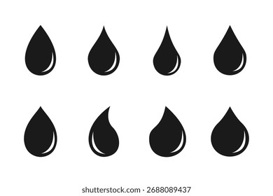 Conjunto de varios iconos de forma de gota de agua. Silueta de símbolo de icono de sangre