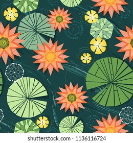 Various water lilies in the pond. Water flowers and plants in the water. Vector illustration