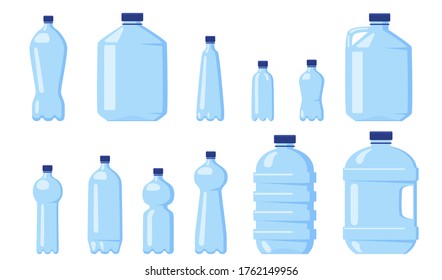 Various water plastic bottles flat icon set. Beverage different packaging and liter containers isolated vector illustration collection. Consumption and drink concept