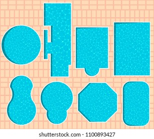 Various water pool with clear water in hotel or water park. Summer holiday element. Refreshing blue swimming pool. Top view relaxation area, summer fun zone