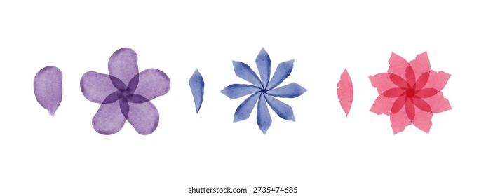 Various watercolor flowers and distinct leaf-like petals are arranged on a white background. These purple, blue, and pink designs feature translucent colors and soft artistic textures.