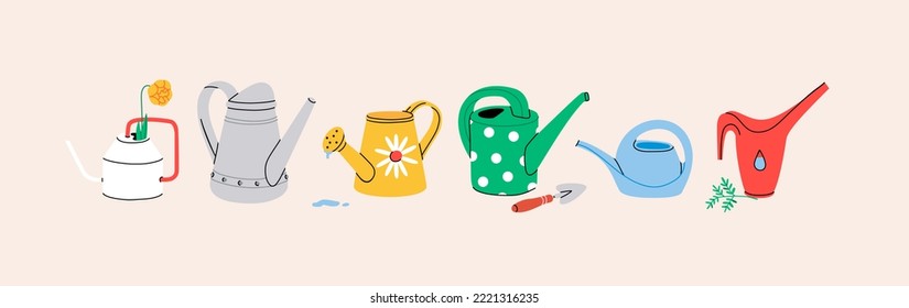 Various watering cans for plants with tools like trowel. Home gardening care concept. Different shapes of pot with water. Flowers growing hobby vector illustration. All botanical items are isolated