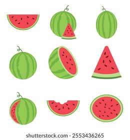 Various Watermelon Illustrations Showcasing Different Slices and Whole Fruit
