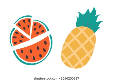 Various watermelon slices with seed and pineapple with leaves in trendy doodle minimalist Set 2 icon