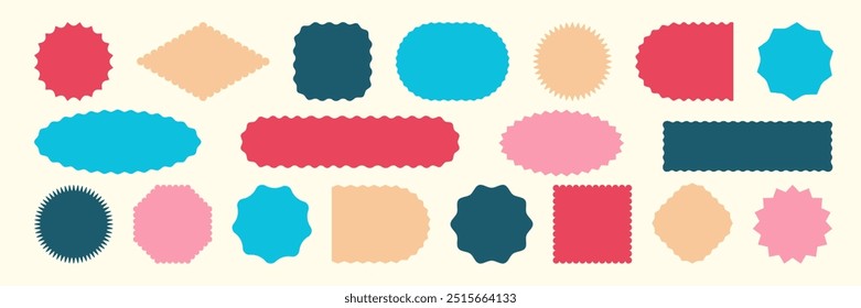 Various wavy zigzag edge Geometric frames. Empty Scalloped shapes icon. Rectangle Ellipse Circle Text Box. Simple Modern blank Tag Label Stamp mark Badge element for design