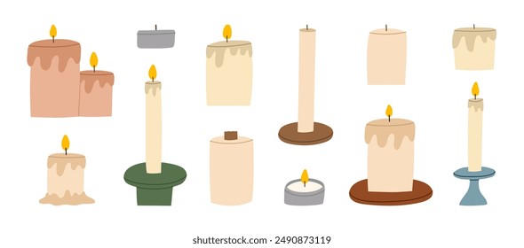 Various wax candles set. Collection of decorative candles for relax and spa. Different shapes and sizes. Hand drawn flat vector illustration.