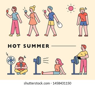 Various ways to get the air out on a hot summer fan. Information character set. flat design style minimal vector illustration.