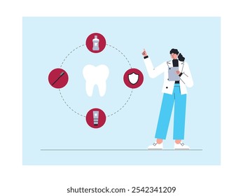 Várias maneiras de manter a saúde dentária recomendada pelo dentista, ilustração vetorial.