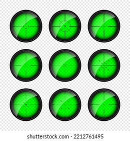 Various weapon night sights, sniper rifle optical scopes. Hunting gun viewfinder with crosshair. Aim, shooting mark symbol. Military target sign, silhouette. Game UI element. Vector illustration