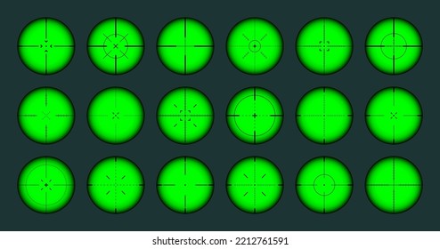 Various weapon night sights, sniper rifle optical scopes. Hunting gun viewfinder with crosshair. Aim, shooting mark symbol. Military target sign, silhouette. Game UI element. Vector illustration