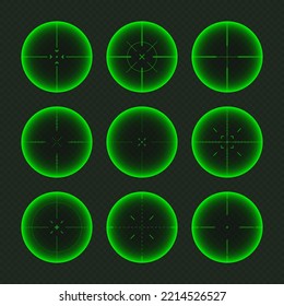 Diversos paisajes nocturnos de armas, alcance óptico de rifles de francotirador. Buscando visor de pistolas con cruz. Objetivo, símbolo de marca de disparo. Signo de objetivo militar, silueta. Elemento UI de juego. Ilustración del vector