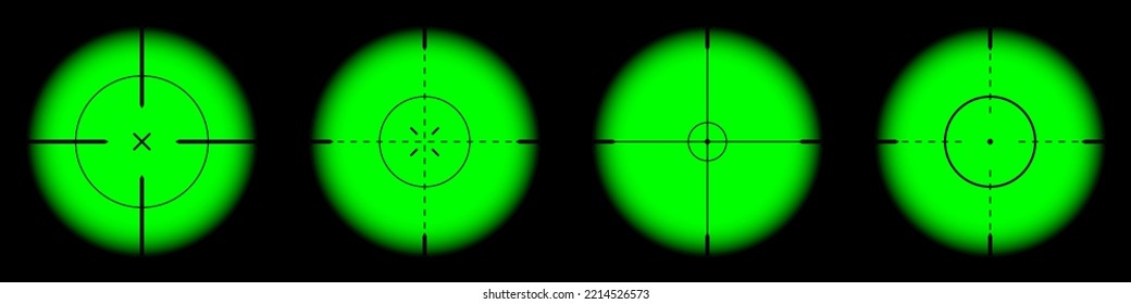 Diversos paisajes nocturnos de armas, alcance óptico de rifles de francotirador. Buscando visor de pistolas con cruz. Objetivo, símbolo de marca de disparo. Signo de objetivo militar, silueta. Elemento UI de juego. Ilustración del vector